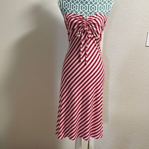 bebe Red and White Diagonal Stripe Strapless Dress
